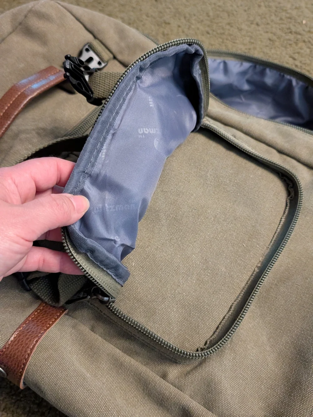 Canvas Travel Backpack in Khaki with Leather Accents - Picture 9 of 13